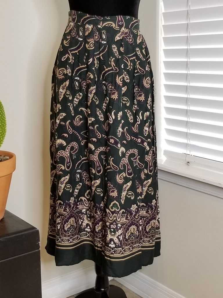 Midi Green Purple Pockets Paisley A-line Skirt (Pre-owned)